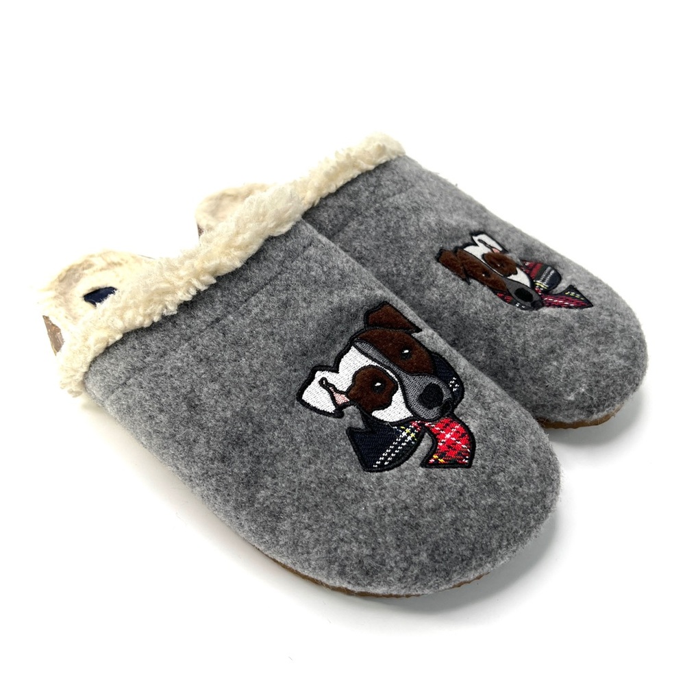 Lands End gray Sherpa lined cork slippers slides with embroidered dogs/7